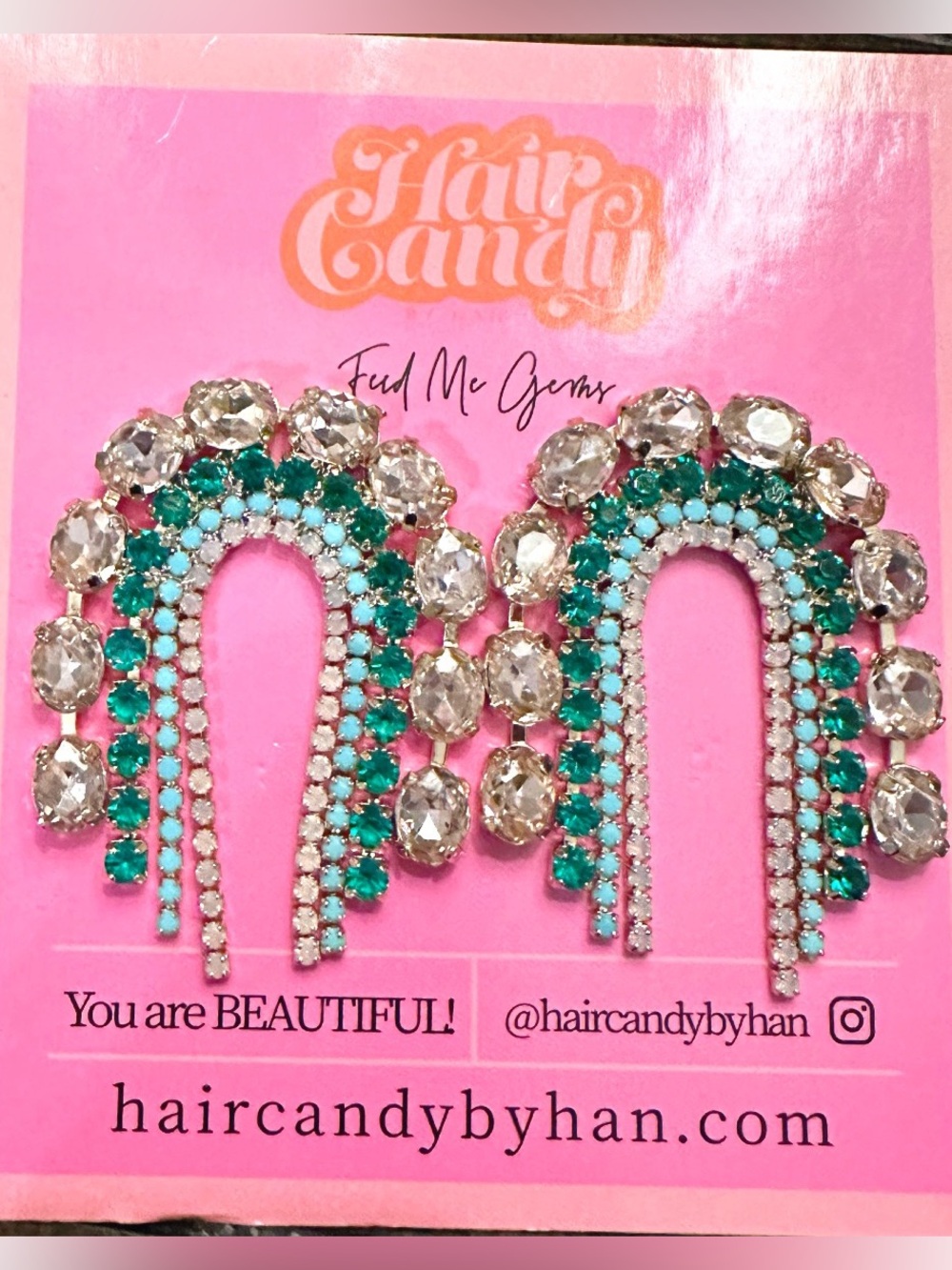 Feed Me Gems Pink/Teal/Blue rhinestone short Rainbow earrings